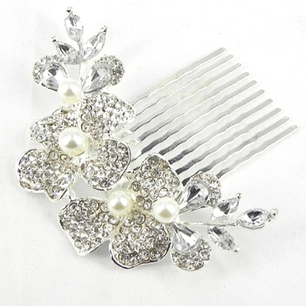 Hibiscus Crystal & faux pearls petals hair comb NWT